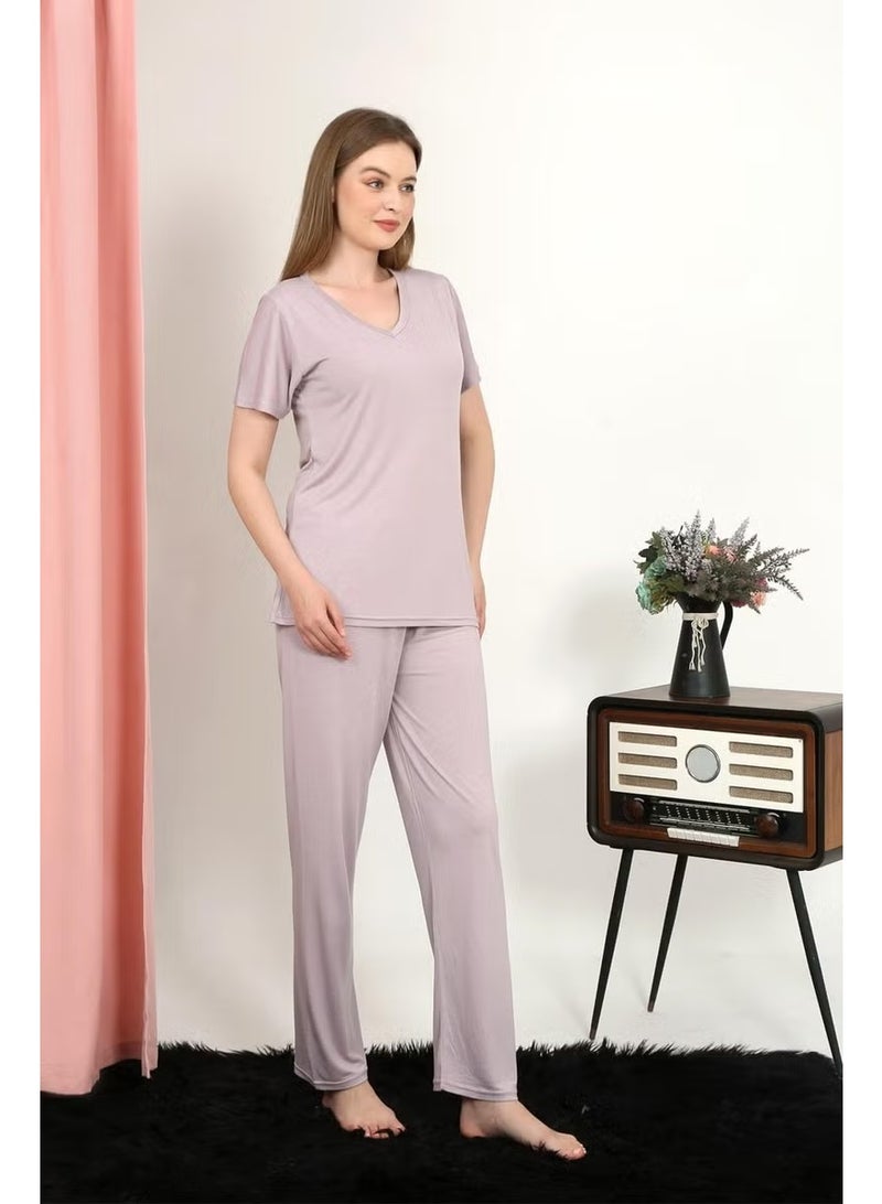 Akbeniz Women's Short Sleeve Cotton Combed Pajama Set Powder 4213 - Image 3